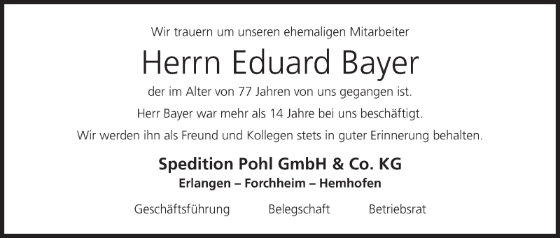  Traueranzeige für Eduard Bayer vom 16.11.2016 aus MGO