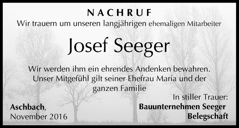  Traueranzeige für Josef Seeger vom 23.11.2016 aus MGO