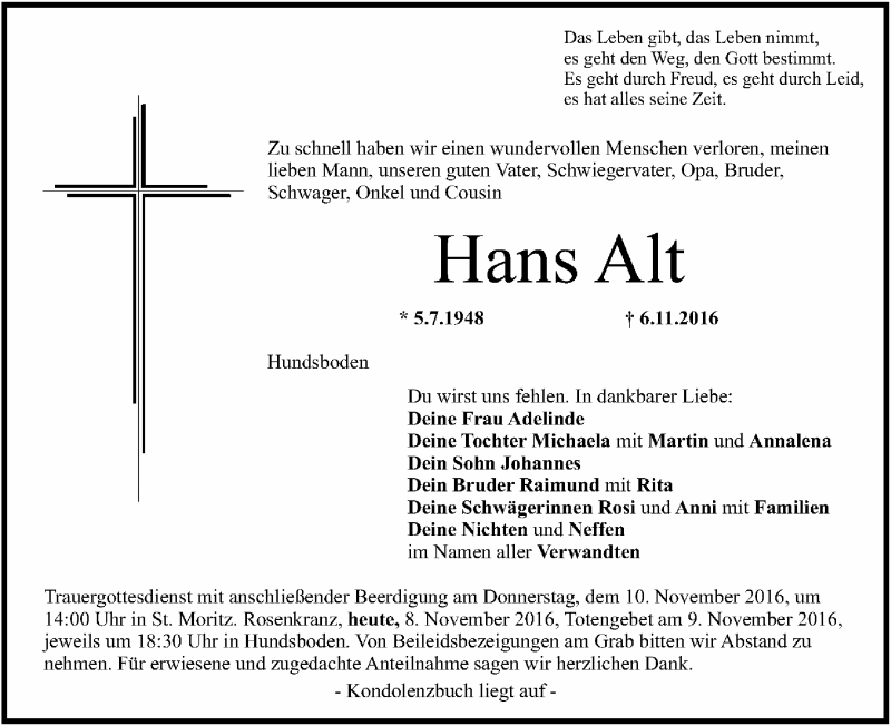  Traueranzeige für Hans Alt vom 08.11.2016 aus MGO