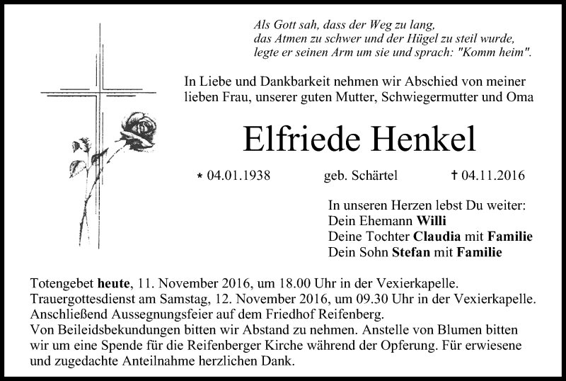  Traueranzeige für Elfriede Henkel vom 11.11.2016 aus MGO