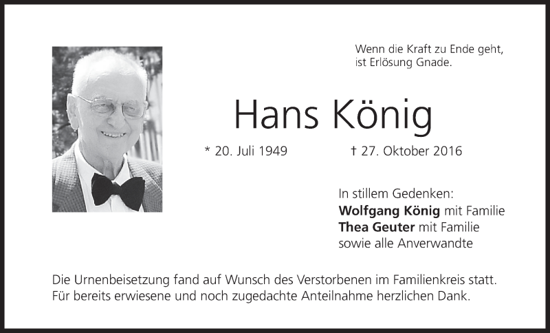  Traueranzeige für Hans König vom 12.11.2016 aus MGO