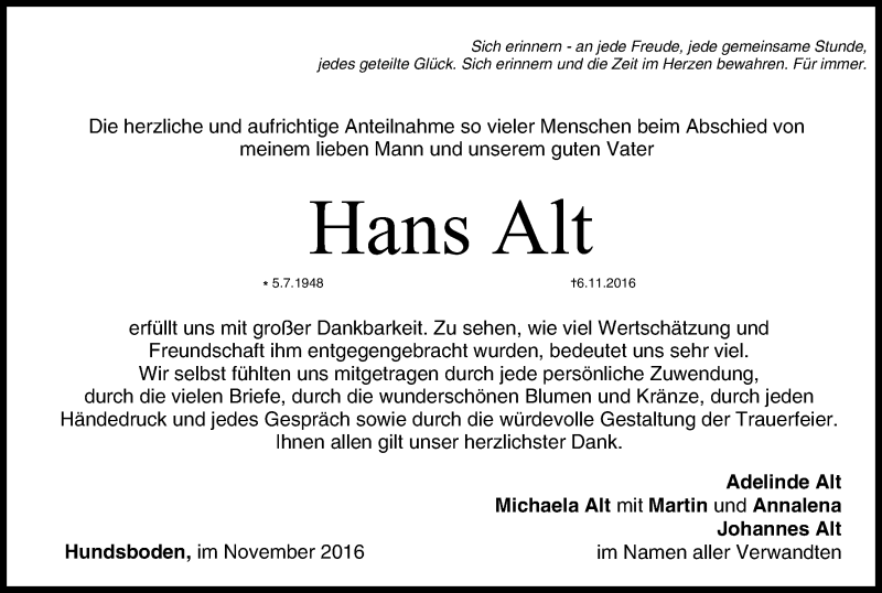  Traueranzeige für Hans Alt vom 25.11.2016 aus MGO