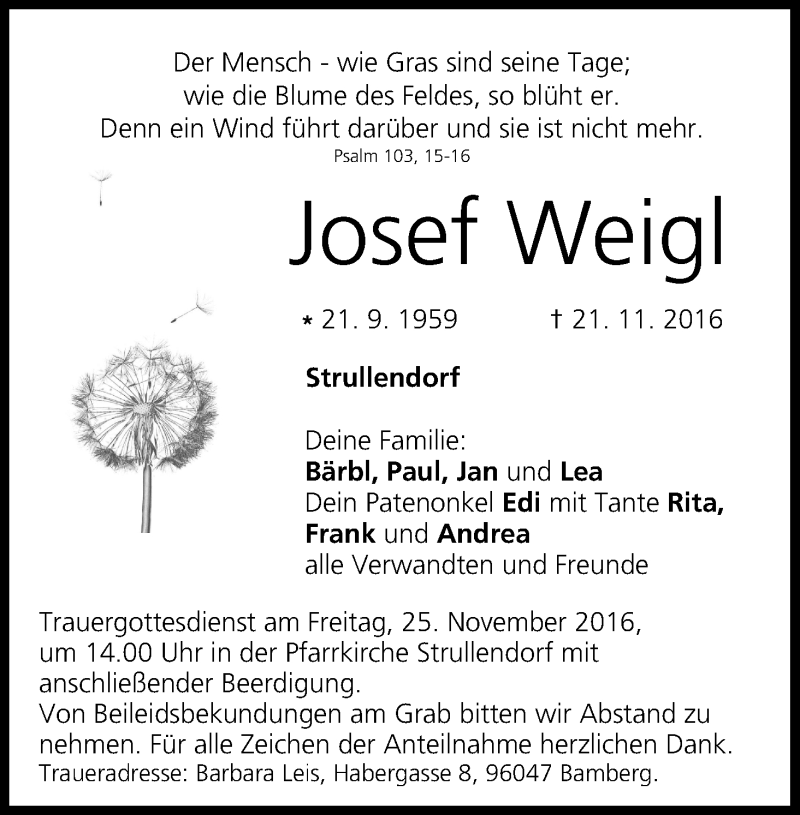  Traueranzeige für Josef Weigl vom 23.11.2016 aus MGO