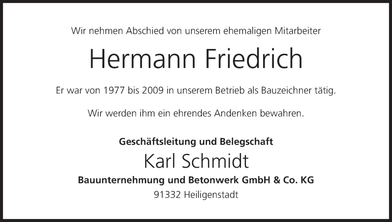  Traueranzeige für Hermann Friedrich vom 19.11.2016 aus MGO