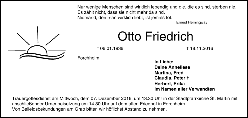  Traueranzeige für Otto Friedrich vom 26.11.2016 aus MGO