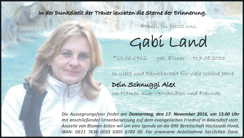  Traueranzeige für Gabi Land vom 12.11.2016 aus MGO