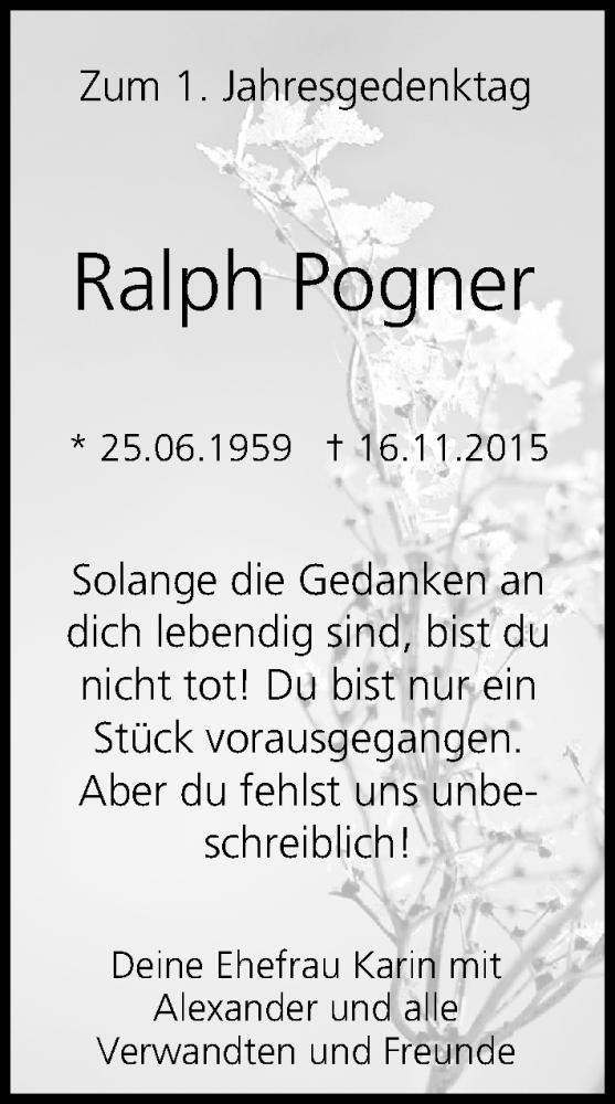  Traueranzeige für Ralph Pogner vom 16.11.2016 aus MGO