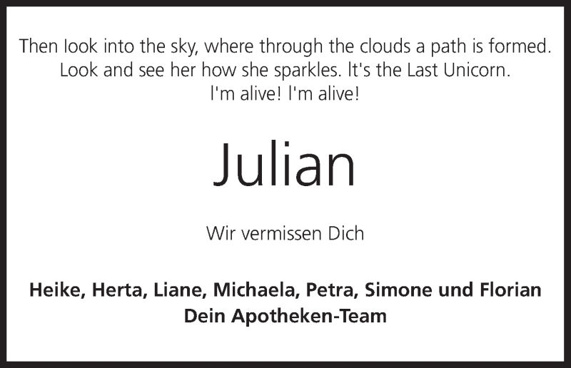  Traueranzeige für Julian  vom 17.11.2016 aus MGO