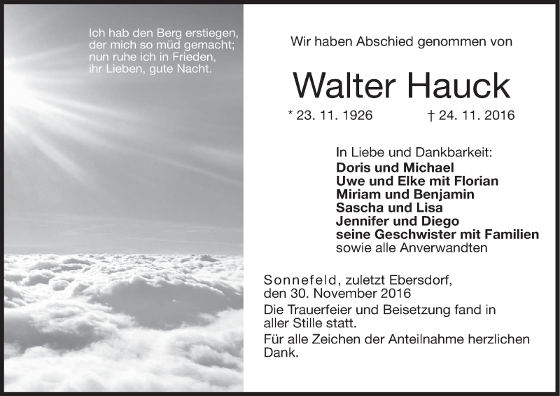  Traueranzeige für Walter Hauck vom 30.11.2016 aus MGO