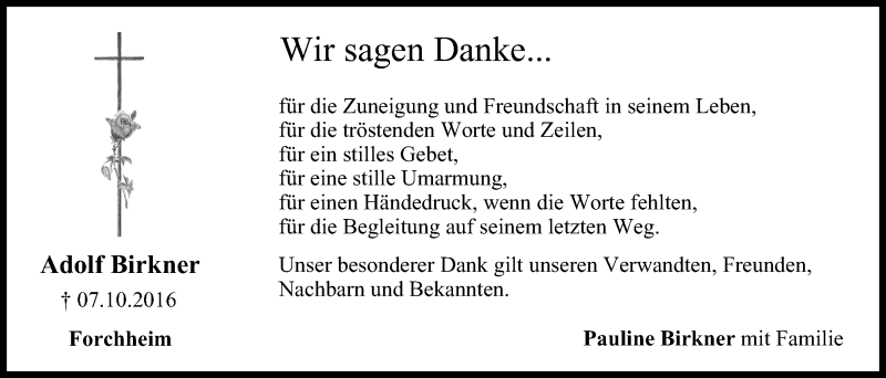  Traueranzeige für Adolf Birkner vom 05.11.2016 aus MGO