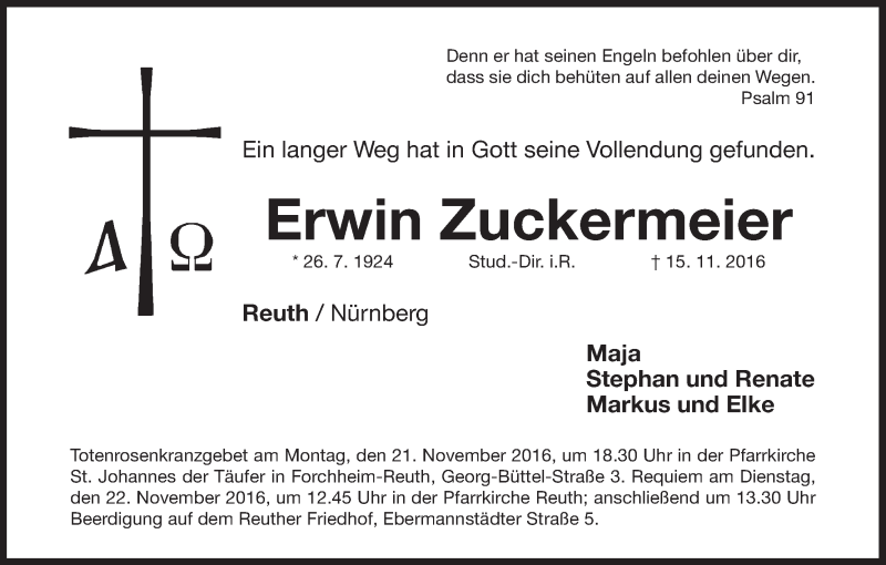  Traueranzeige für Erwin Zuckermeier vom 19.11.2016 aus MGO