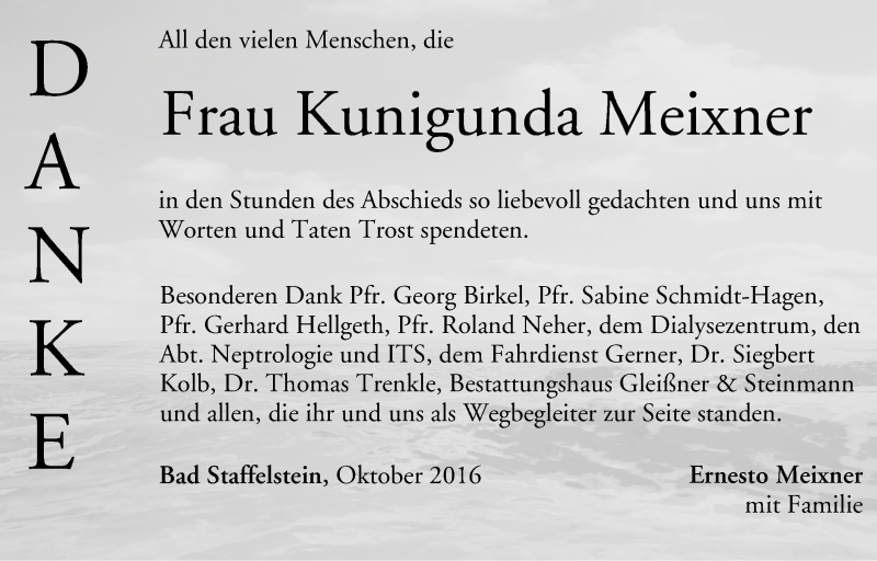  Traueranzeige für Kunigunda Meixner vom 12.11.2016 aus MGO