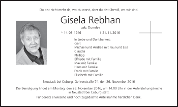 Anzeige von Gisela Rebhan von MGO