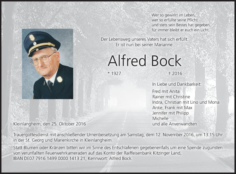  Traueranzeige für Alfred Bock vom 04.11.2016 aus MGO