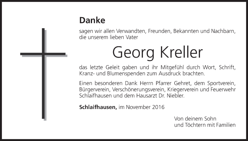  Traueranzeige für Georg Kreller vom 11.11.2016 aus MGO
