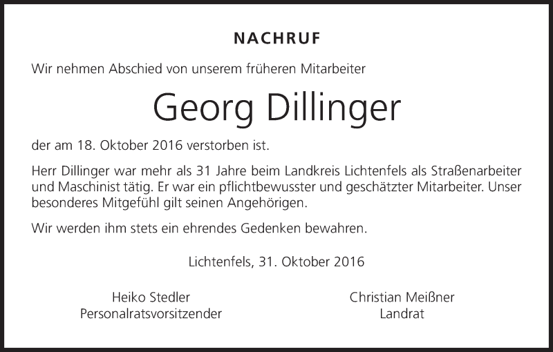  Traueranzeige für Georg Dillinger vom 03.11.2016 aus MGO