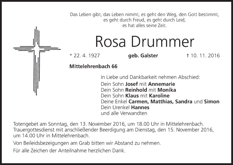  Traueranzeige für Rosa Drummer vom 12.11.2016 aus MGO