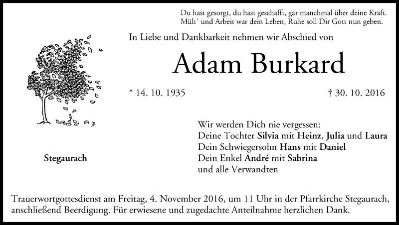  Traueranzeige für Adam Burkard vom 03.11.2016 aus MGO