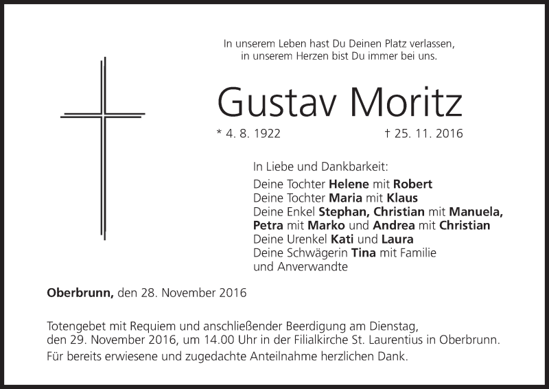  Traueranzeige für Gustav Moritz vom 28.11.2016 aus MGO