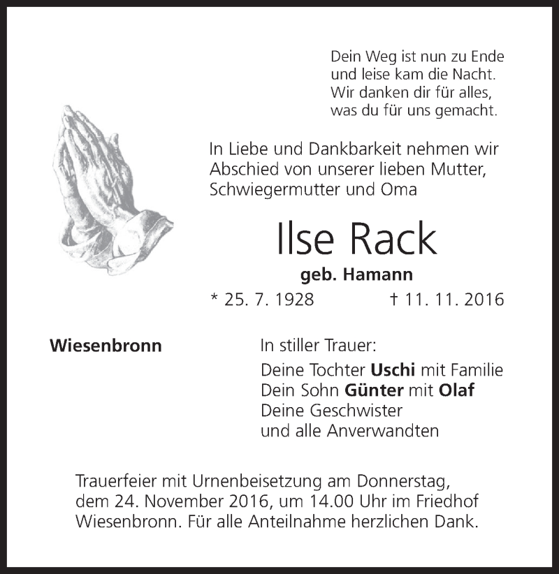  Traueranzeige für Ilse Rack vom 21.11.2016 aus MGO
