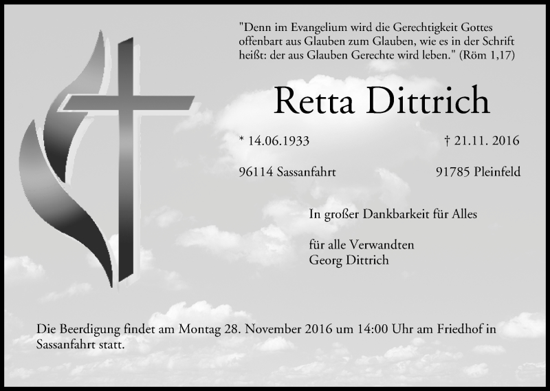  Traueranzeige für Retta Dittrich vom 24.11.2016 aus MGO