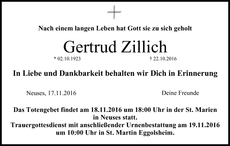  Traueranzeige für Gertrud Zillich vom 18.11.2016 aus MGO
