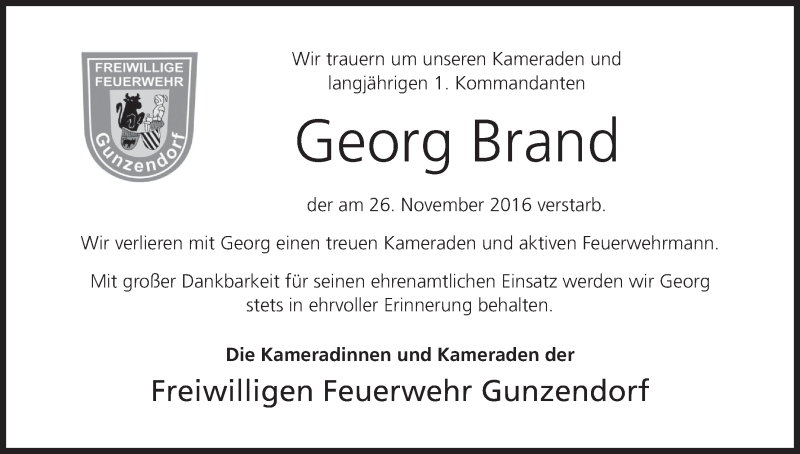  Traueranzeige für Georg Brand vom 29.11.2016 aus MGO
