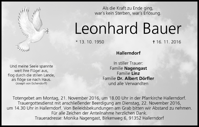  Traueranzeige für Leonhard Bauer vom 19.11.2016 aus MGO