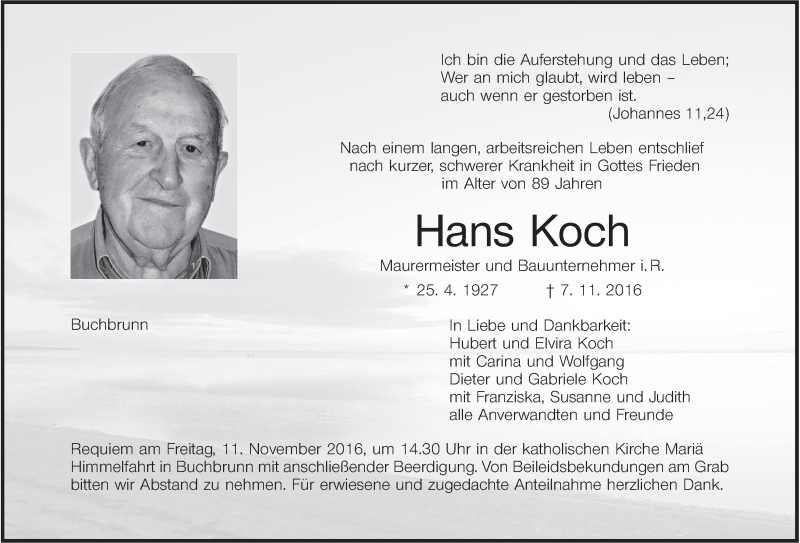  Traueranzeige für Hans Koch vom 09.11.2016 aus MGO
