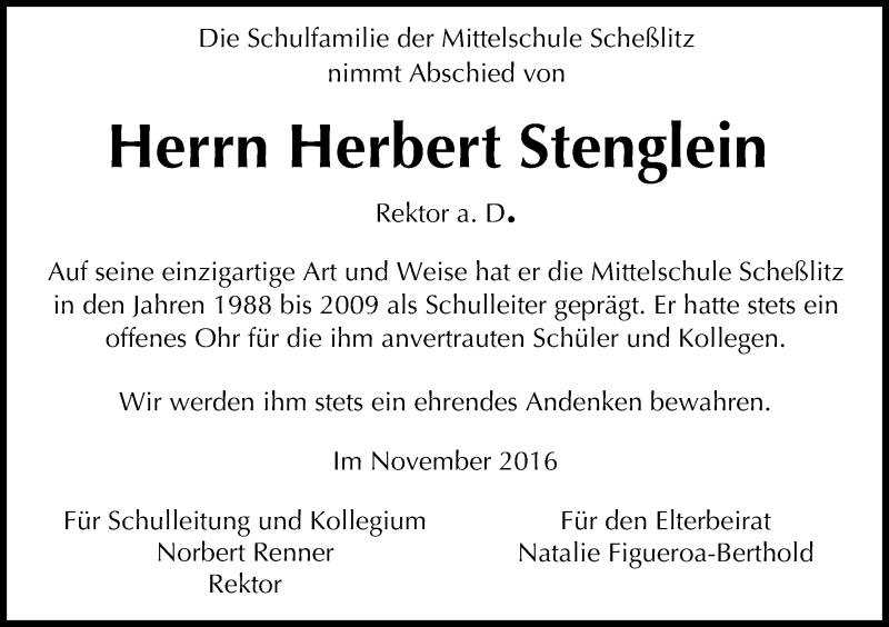  Traueranzeige für Herbert Stenglein vom 23.11.2016 aus MGO
