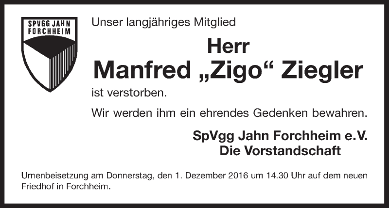  Traueranzeige für Manfred Ziegler vom 29.11.2016 aus MGO