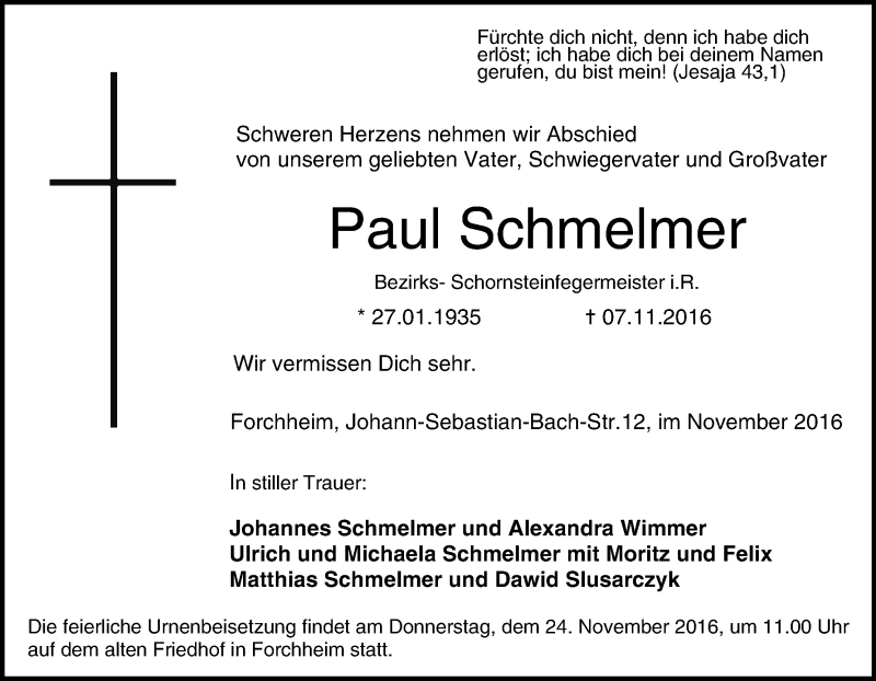  Traueranzeige für Paul Schmelmer vom 19.11.2016 aus MGO