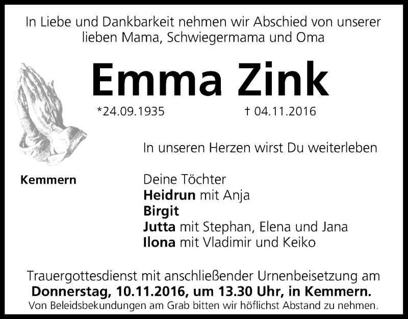  Traueranzeige für Emma Zink vom 08.11.2016 aus MGO
