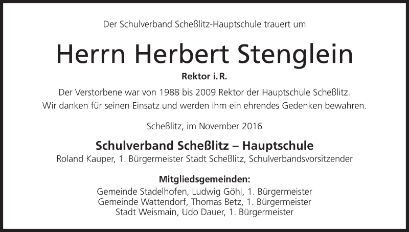  Traueranzeige für Herbert Stenglein vom 24.11.2016 aus MGO