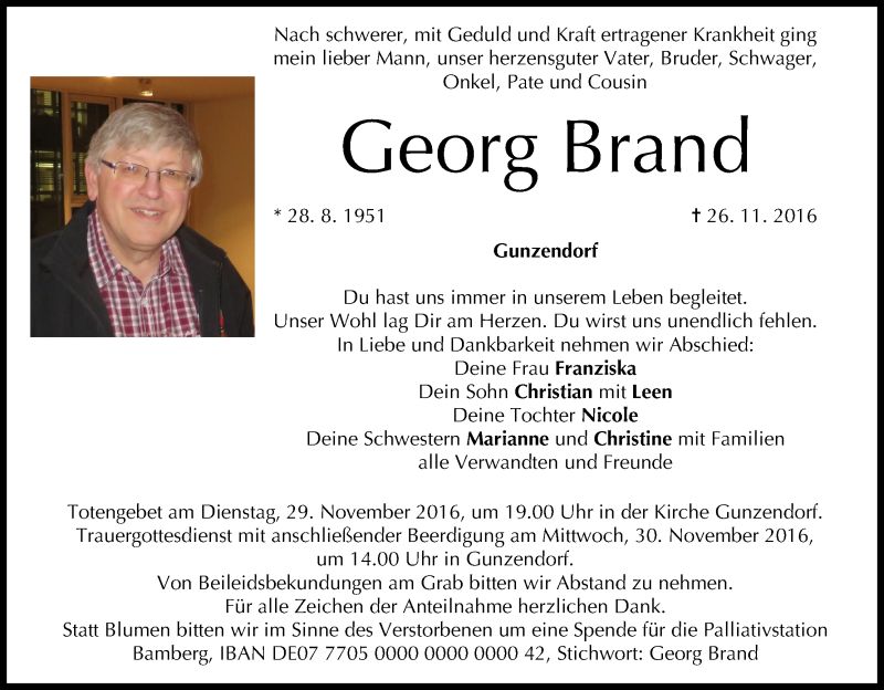  Traueranzeige für Georg Brand vom 28.11.2016 aus MGO