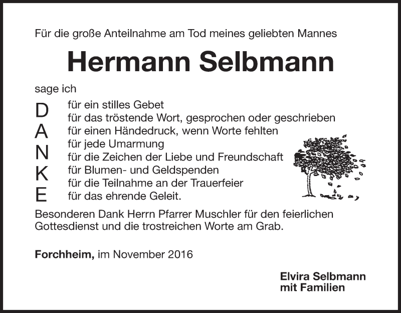  Traueranzeige für Hermann Selbmann vom 05.11.2016 aus MGO