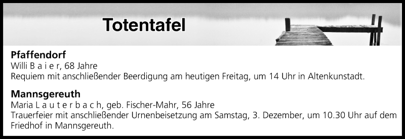  Traueranzeige für Totentafel vom 02.12.2016 vom 02.12.2016 aus MGO