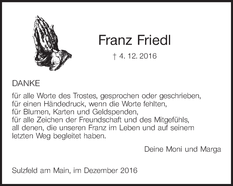  Traueranzeige für Franz Friedl vom 24.12.2016 aus MGO