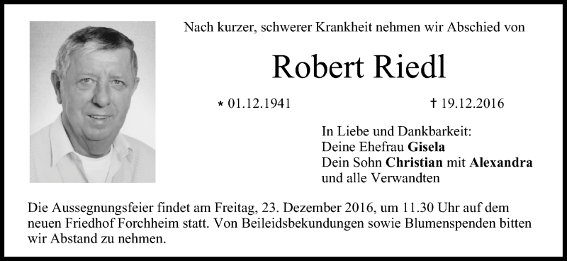  Traueranzeige für Robert Riedl vom 21.12.2016 aus MGO