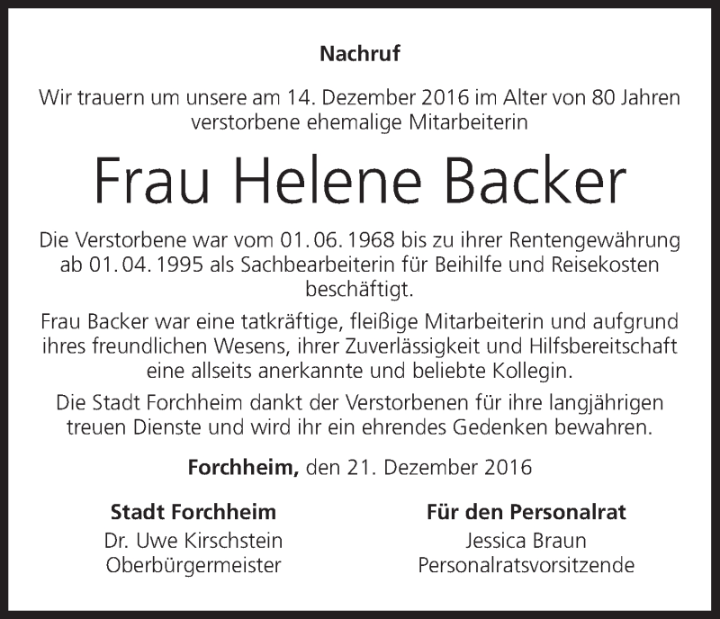  Traueranzeige für Helene Backer vom 21.12.2016 aus MGO