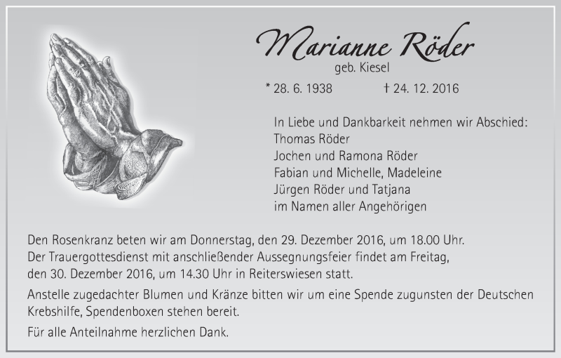  Traueranzeige für Marianne Röder vom 27.12.2016 aus MGO