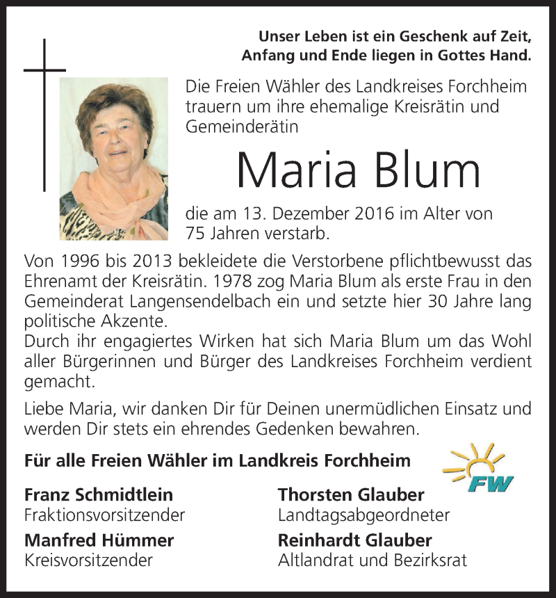  Traueranzeige für Maria Blum vom 16.12.2016 aus MGO