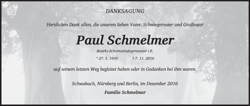  Traueranzeige für Paul Schmelmer vom 24.12.2016 aus MGO