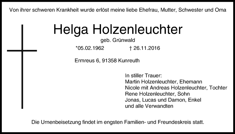  Traueranzeige für Helga Holzenleuchter vom 03.12.2016 aus MGO