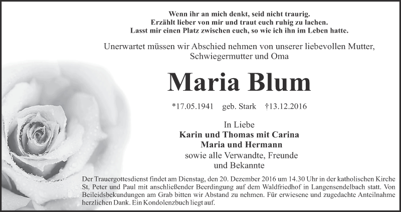 Traueranzeige für Maria Blum vom 17.12.2016 aus MGO