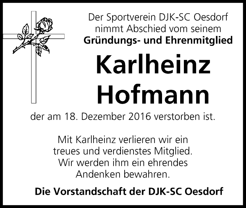  Traueranzeige für Karlheinz Hofmann vom 21.12.2016 aus MGO