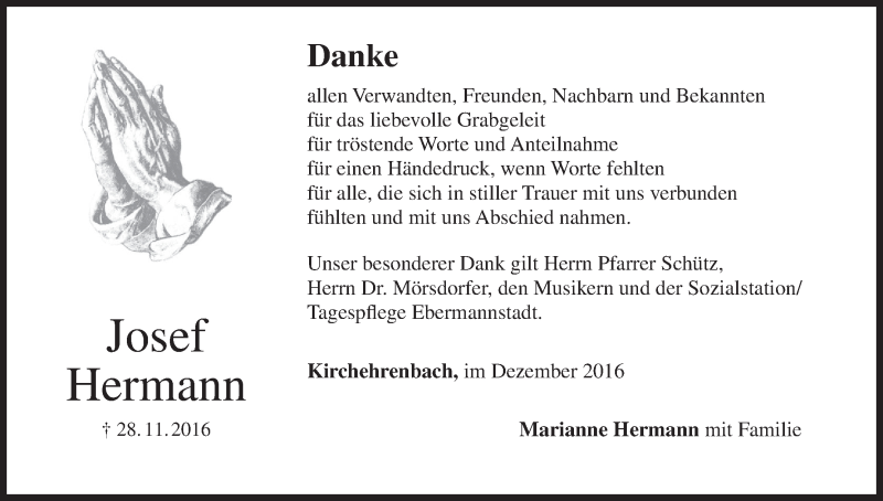  Traueranzeige für Josef Hermann vom 17.12.2016 aus MGO
