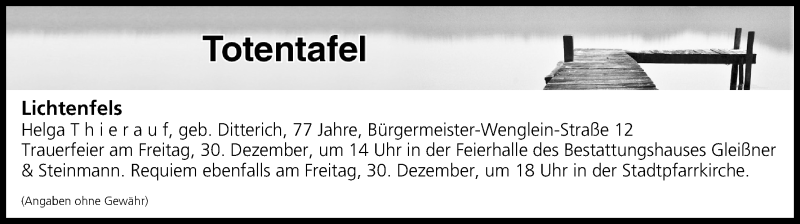  Traueranzeige für Totentafel vom 29.12.2016 vom 29.12.2016 aus MGO