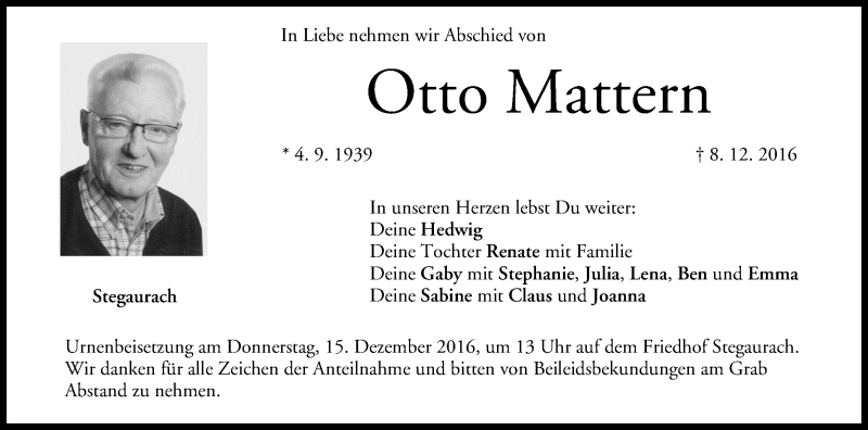  Traueranzeige für Otto Mattern vom 10.12.2016 aus MGO