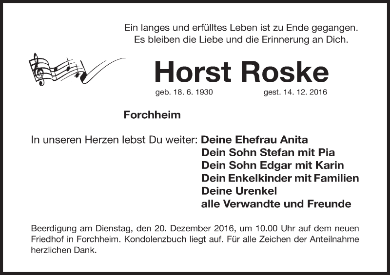  Traueranzeige für Horst Roske vom 17.12.2016 aus MGO